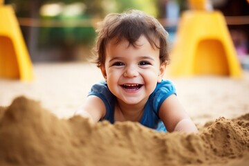 Portrait of a smiling baby boy playing in the sand on the playground. Sandbox. Childhood Concept with a Copy Space.	