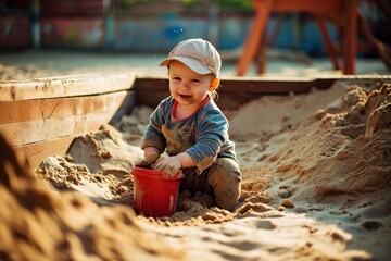 cute little baby boy playing with sand in sandbox on sunny summer day. Sandbox. Childhood Concept with a Copy Space.	