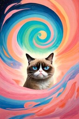 A grumpy cat on acid, disoriented, appears in an abstract psychedelic world. Beautiful pastel illustration of a kitten on LSD. Acid trip. Digitial illustration, generative ai wallpaper - obrazy, fototapety, plakaty