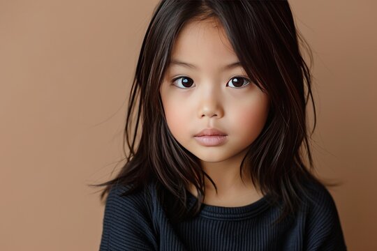 Portrait of a child asian girl against a light brown background