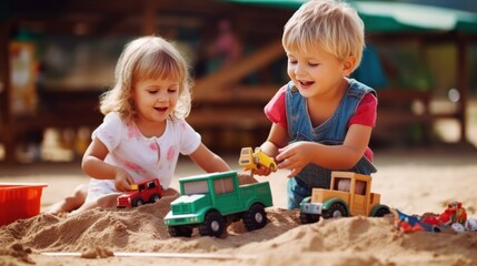 Cute little boy and girl playing with toy cars on the beach. Sandbox. Childhood Concept with a Copy Space.	