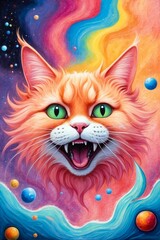 Portrait of a beautiful ginger cat with its mouth open in a psychedelic dream world. Digitial illustration, generative ai wallpaper - obrazy, fototapety, plakaty