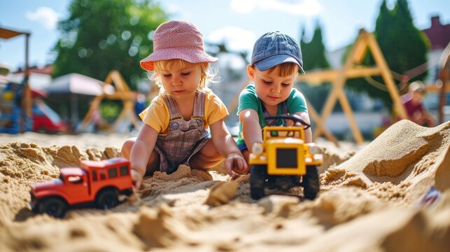 Two little children playing in sandbox on sunny summer day. Toddler boy and girl building sand castle. Sandbox. Childhood Concept with a Copy Space.	