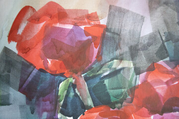 Abstract closeup red rose. Watercolor painting wet brush strokes texture.