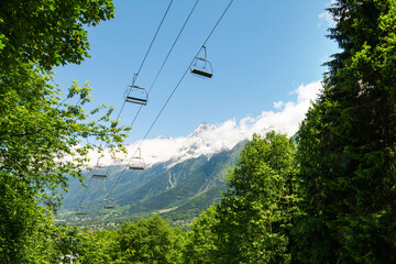 Cable car going over Alps, Chamonix-Mont-Blanc, France, Europe. View  while hiking Tour du Mont...