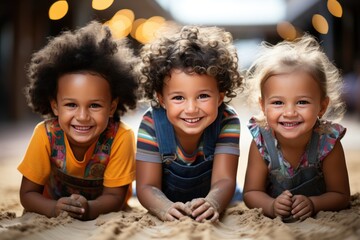 Portrait of three smiling kids lying on the sand in the park. Sandbox. Childhood Concept with a Copy Space.	 - obrazy, fototapety, plakaty