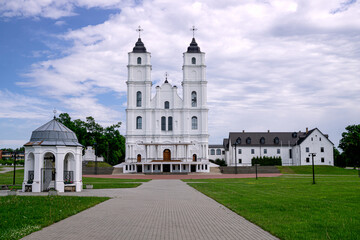 Beautiful white Catholic church in Aglona Latvia.