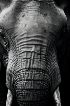 a close-up view of an elephant s trunk and tusks, highlighting the intricate textures and monochromatic tones, ai generative