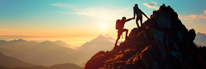 Teamwork concept with man helping friend reach the mountain top, illustration - obrazy, fototapety, plakaty