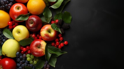 Fruit mix on a black background: pears, pomegranate, blackberry, lemon, raspberry. Photo mockup, top view. Horizontal banking for web. Photo AI Generated