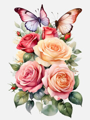 watercolor pictures butterfly pink roses. isolated white background
