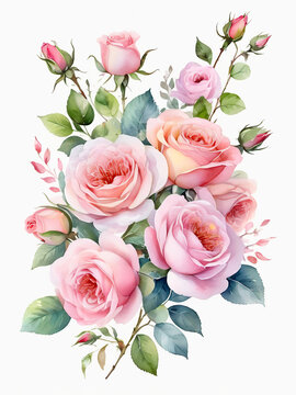 watercolor pictures pink roses. isolated white background