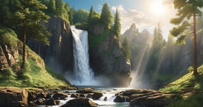 An image of an elegant waterfall cascading gracefully amidst a serene forest, adding an elegant touch to the landscape - Generative AI