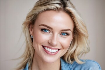 Naklejka premium Portrait pretty blond model smiling woman with blue eyes, white teeth, healthy long hair and beauty skin. Concept of studio shot of advertising a dentist and facial care. Generative AI