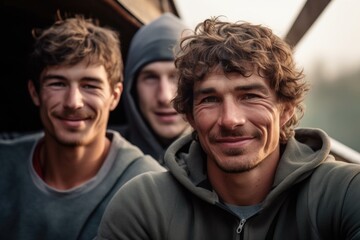 cropped portrait of three rowers on a boat in the morning with their coach - obrazy, fototapety, plakaty