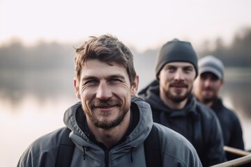 cropped portrait of three rowers on a boat in the morning with their coach - obrazy, fototapety, plakaty