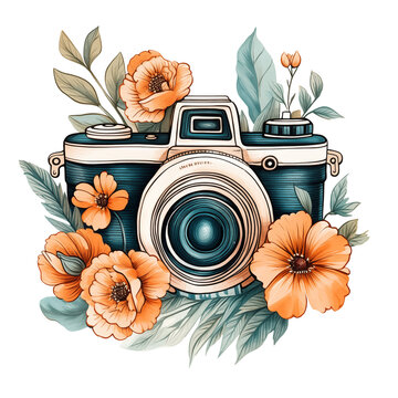 Vintage photo camera logo with flowers watercolor illustration png isolated on a transparent background, clipart
