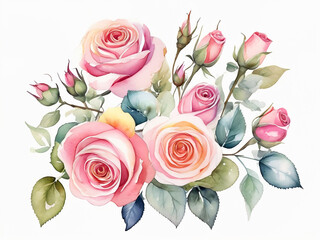 Bouquet. Beautiful pink roses watercolor,  isolated white background.