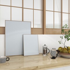 two frames mockup on wooden kitchen countertop. Empty posters gallery wall art set, modern design. 3d illustration