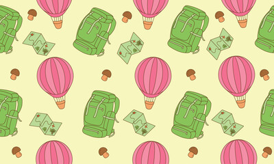 Seamless design of camping and travel elements. Hand drawn summer camp background. Cartoon flat style. Vector illustration. Design for packaging, fabrics, wallpaper, fashion and various prints.