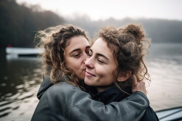 affectionate young female rower hugging and kissing her partner after a long day on the water
