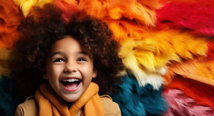 Cheerful girl with colorful feather background. Generative AI