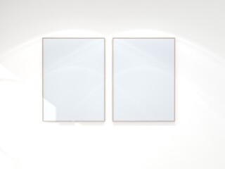 blank frames mockup on white wall. Two empty posters mock up, gallery wall art set, simple. 3d illustration