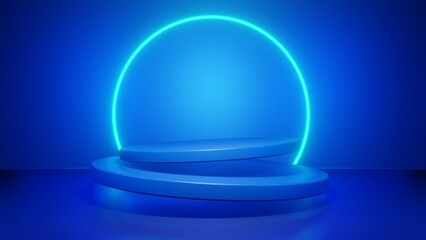 3D rendering blue color minimal concept double cylinder pedestal or podium for product showcase display on empty background. 3D mockup illustration