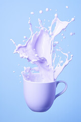 Splash of milk in a cup on a blue background..Minimal concept.Pastel colors.