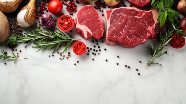 Product concept on a white marble background: rosemary, red meat, tomatoes, spices. Photo mockup, top view. Horizontal banking for web. Photo AI Generated
