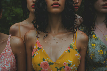 Group of girls on the rain in the forest.Natural colors.