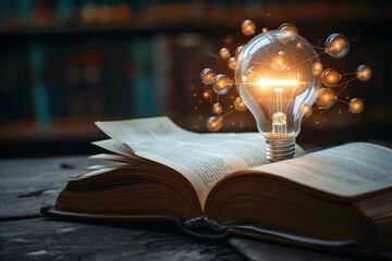 Conceptual brilliance Light bulbs and books signify knowledge and creativity - obrazy, fototapety, plakaty