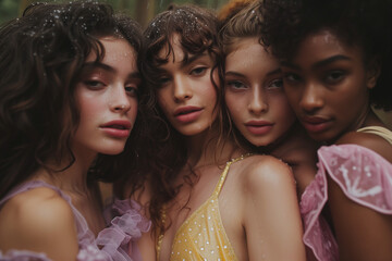 Portrait of girls in the woods in vintage dresses.Natural colors.