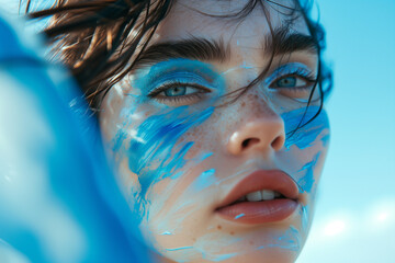 Portrait of a woman with blue eyes and makeup.