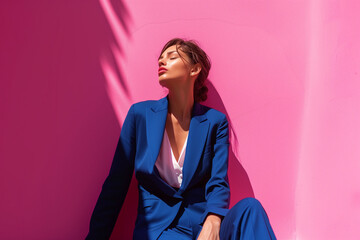 Portrait of a woman in blue suit on a pink background.Bold colors.Minimal concept.
