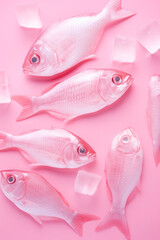 Flat lay of fresh fish on ice on pink background.Pastel pink.Minimal concept.