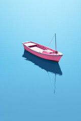 Boat on the sea.Pink and blue color combination.Minimal concept.