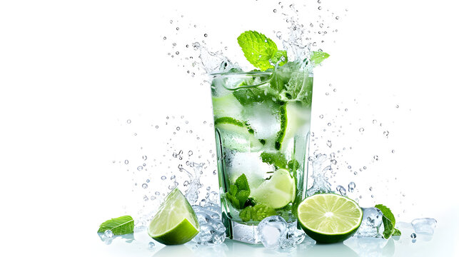 fresh mojito in the big glass with ice and mint, drops are flowing on the glass, white background