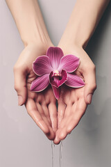 Female hands with orchid.Minimal concept.Natural colors.