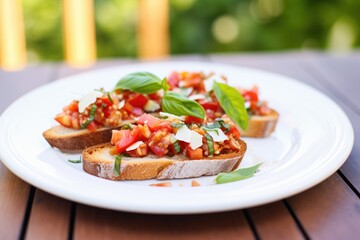 sliced baguette topped with diced tomatoes and fresh basil on a white plate