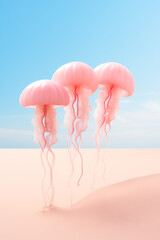 Three jellyfish on the beach.Pastel colors.Minimal concept.