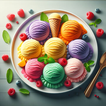a variety of colorful ice cream scoops on a plate, garnished with fresh raspberries and mint