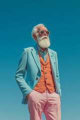 Old man dressed modern on a blue background.Pastel colos.Minimal concept.