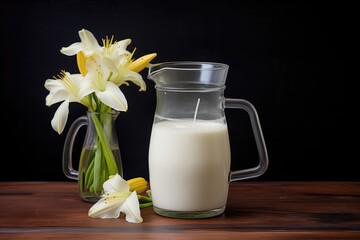 Obraz na płótnie Canvas buttermilk in a glass pitcher, white lilies on the side