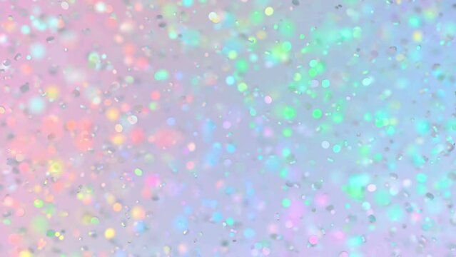 Modern beautiful colorful magic video loop background. Round shiny particles on an iridescent surface. Trendy design of webpunk and vaporwave.Rainbow and holographic colors. 3d render.