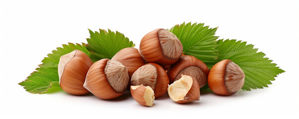 Hazelnuts with green leaves isolated on white background, ai technology