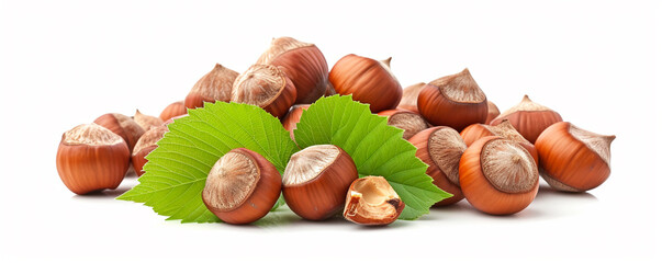 Hazelnuts with green leaves isolated on white background, ai technology