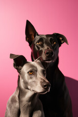Portrait of two dogs on a pink background.Minimal concept.
