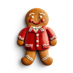 front view of a standing ginger man christmas cookies with red dressing on a isolated white background created with Generative Ai