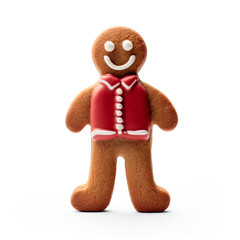 front view of a standing ginger man christmas cookies with red dressing on a isolated white background created with Generative Ai